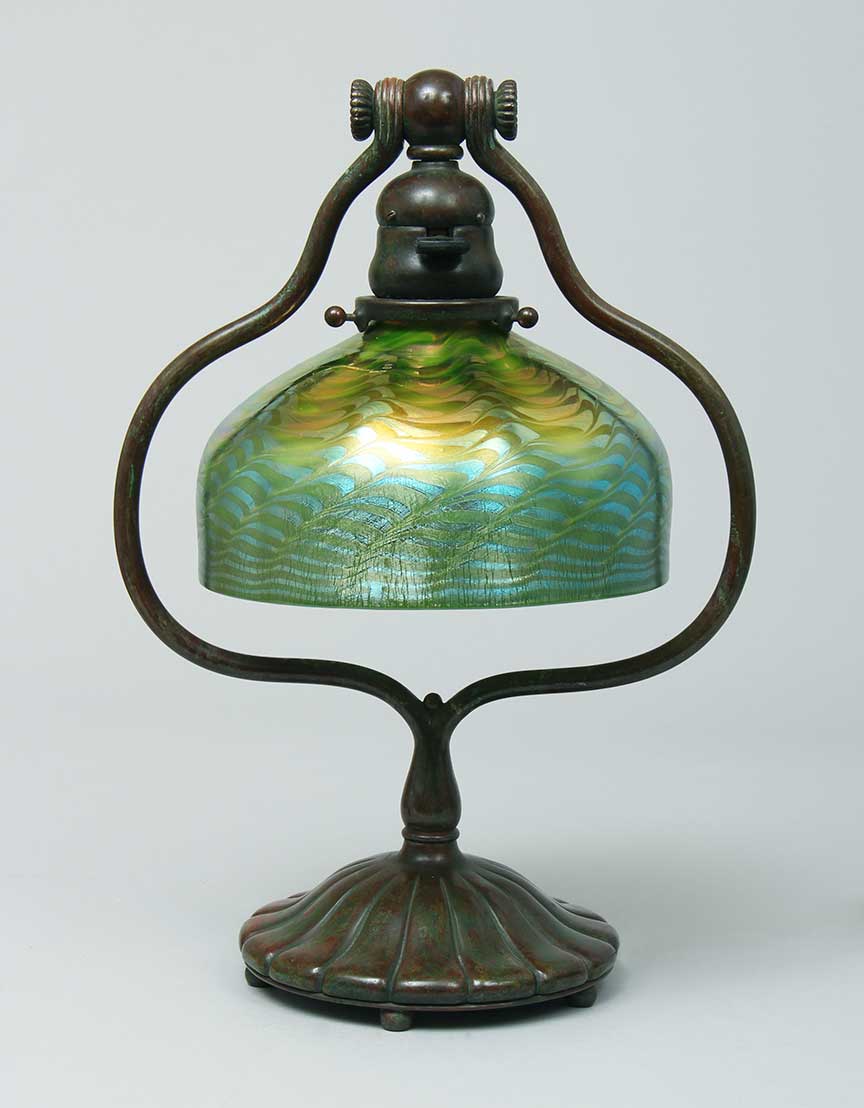 Tiffany Studios, 7" Green Favrile Harp Lamp